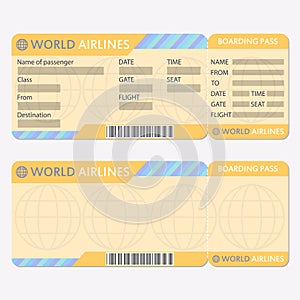 Airline or plane ticket template. Boarding pass blank and airplane ticket. Vector illustration